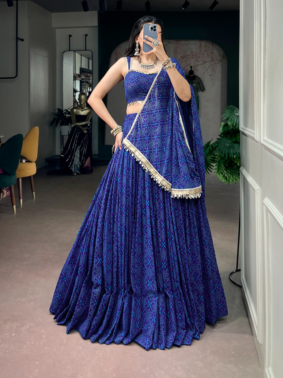 Royal Blue Georgette Bandhej Lehenga Set | Tulip Designer