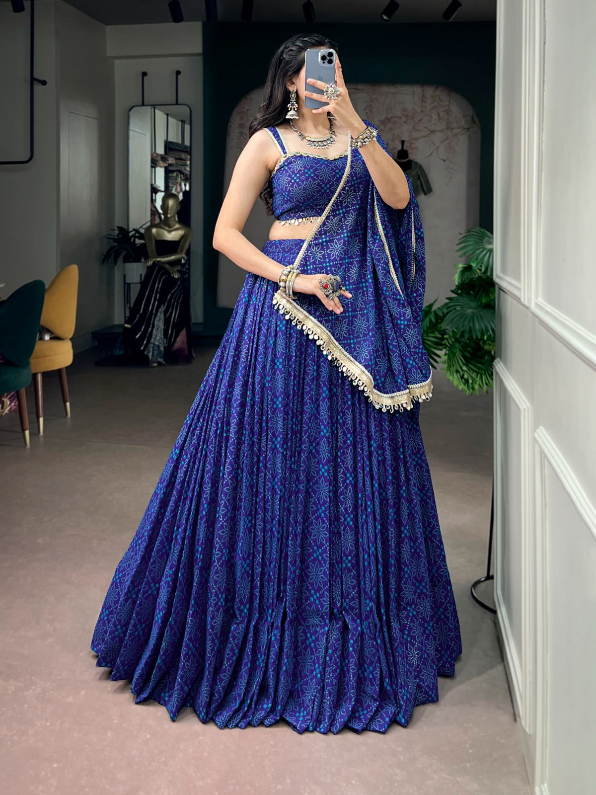 Royal Blue Georgette Bandhej Lehenga Set | Tulip Designer