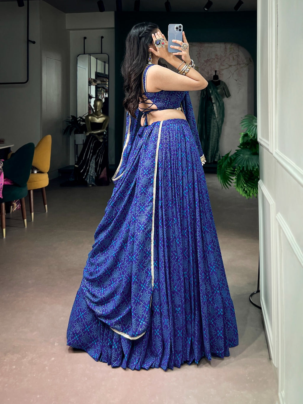 Royal Blue Georgette Bandhej Lehenga Set | Tulip Designer