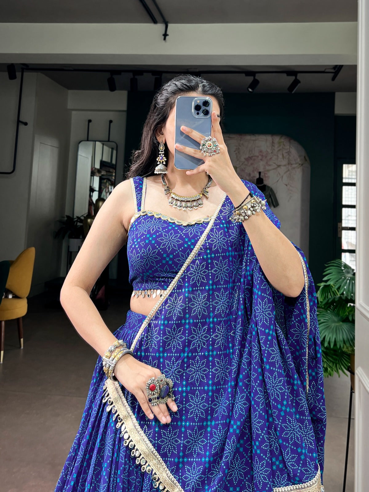 Royal Blue Georgette Bandhej Lehenga Set | Tulip Designer