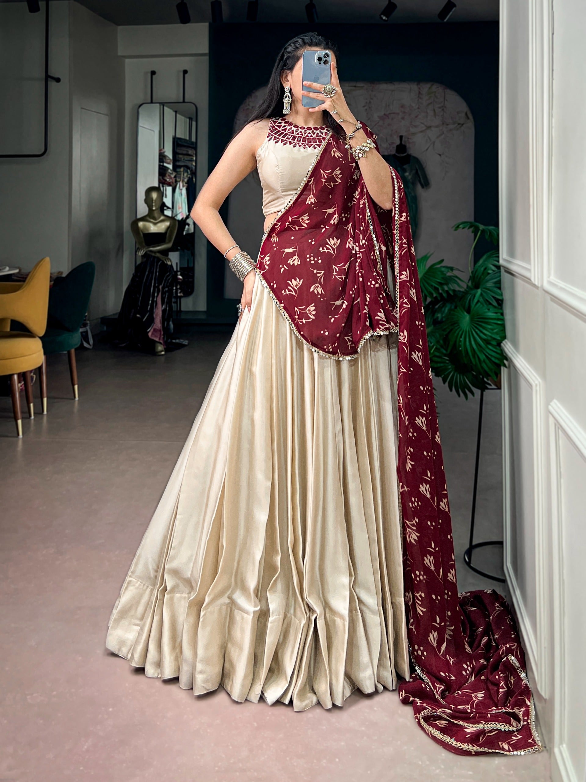 Off White Monga Silk Mirror Lehenga Set | Tulip Designer