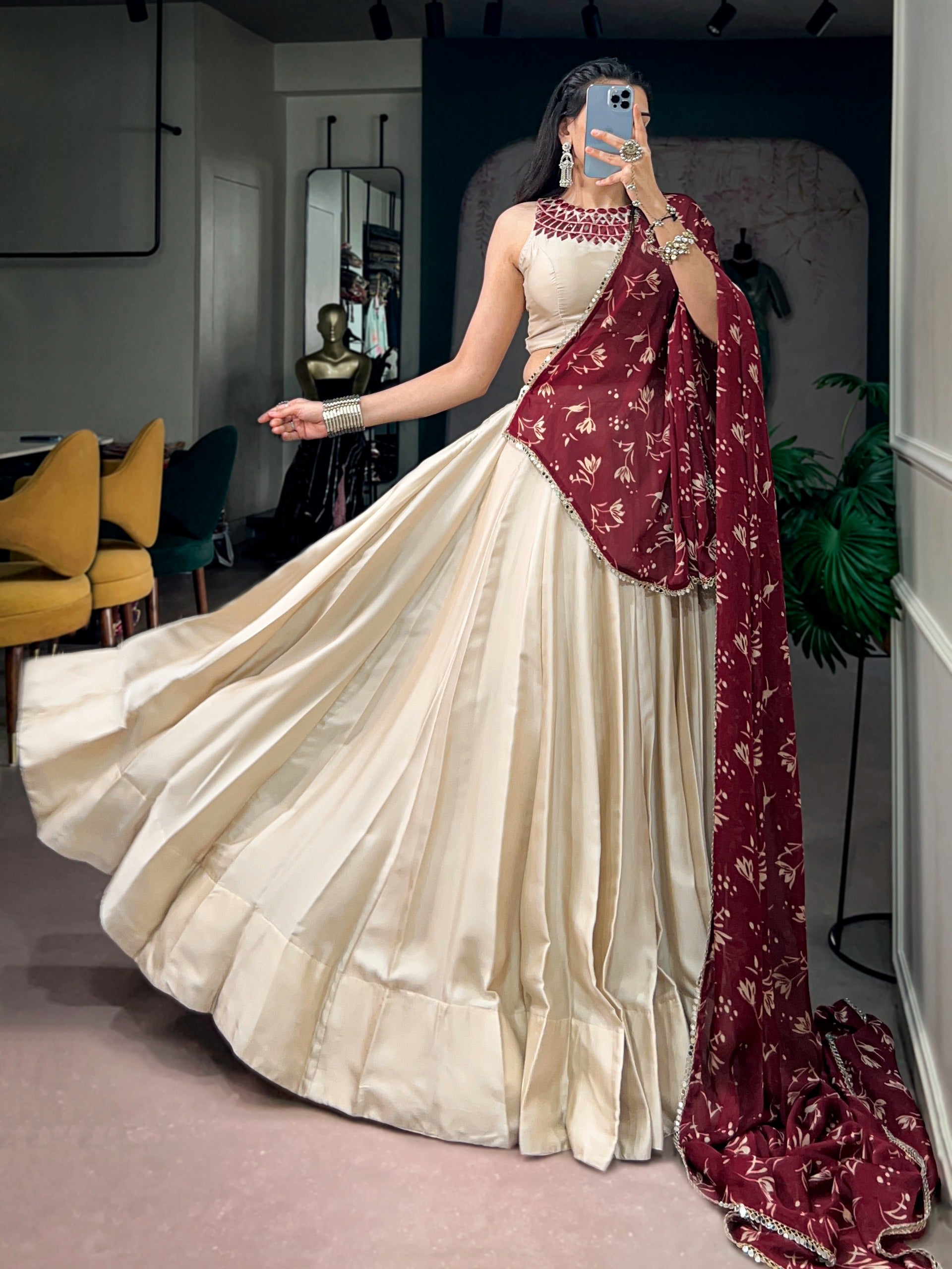 Off White Monga Silk Mirror Lehenga Set | Tulip Designer