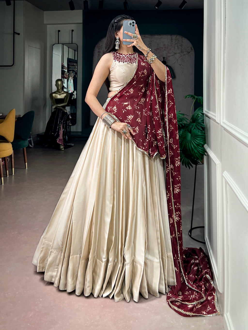 Off White Monga Silk Mirror Lehenga Set | Tulip Designer