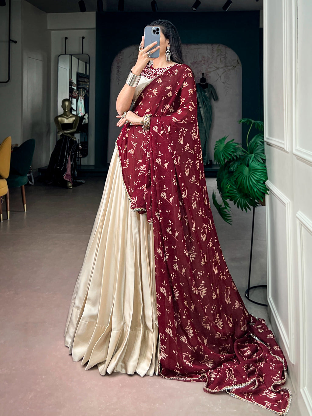 Off White Monga Silk Mirror Lehenga Set | Tulip Designer
