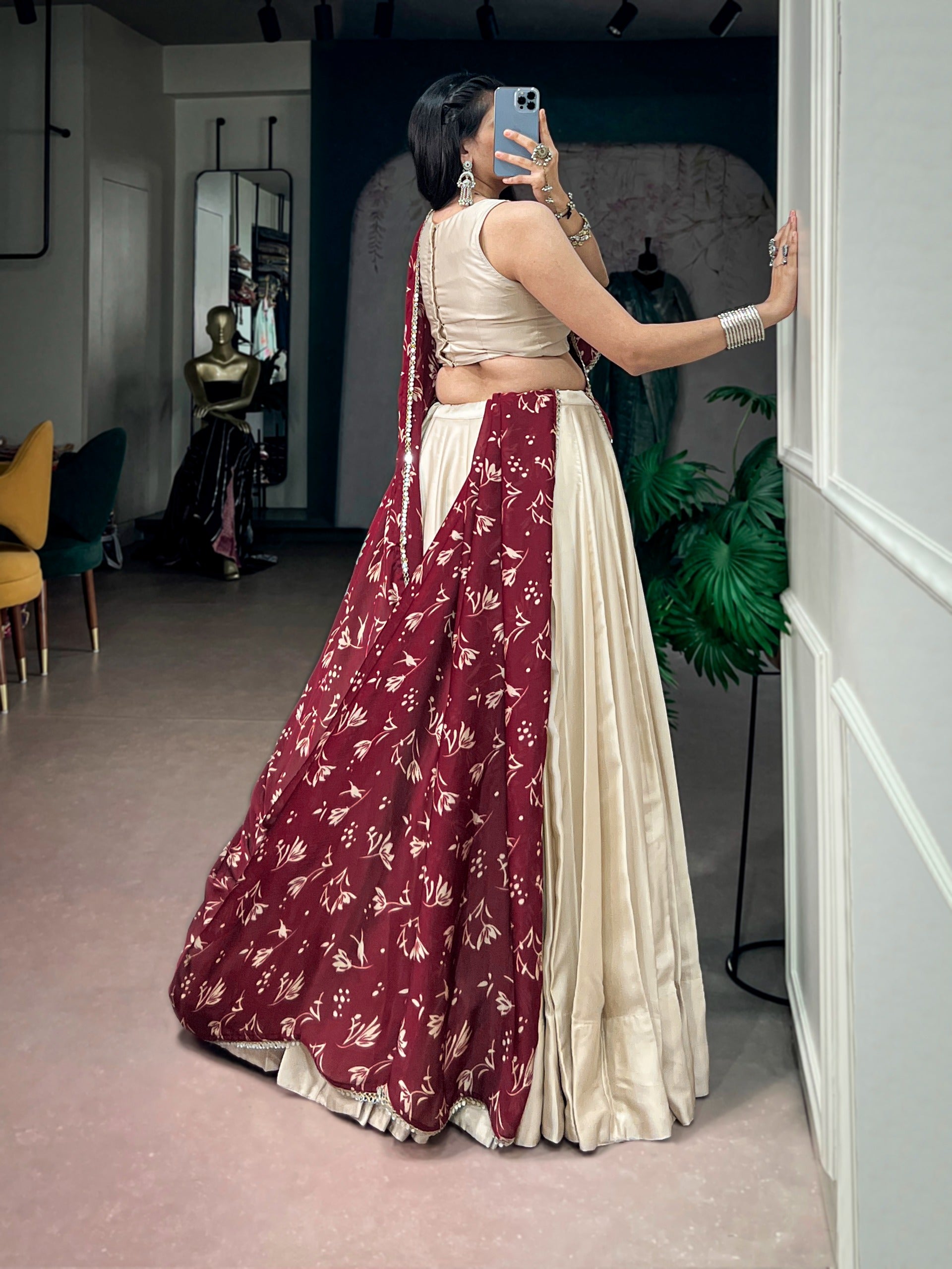 Off White Monga Silk Mirror Lehenga Set | Tulip Designer