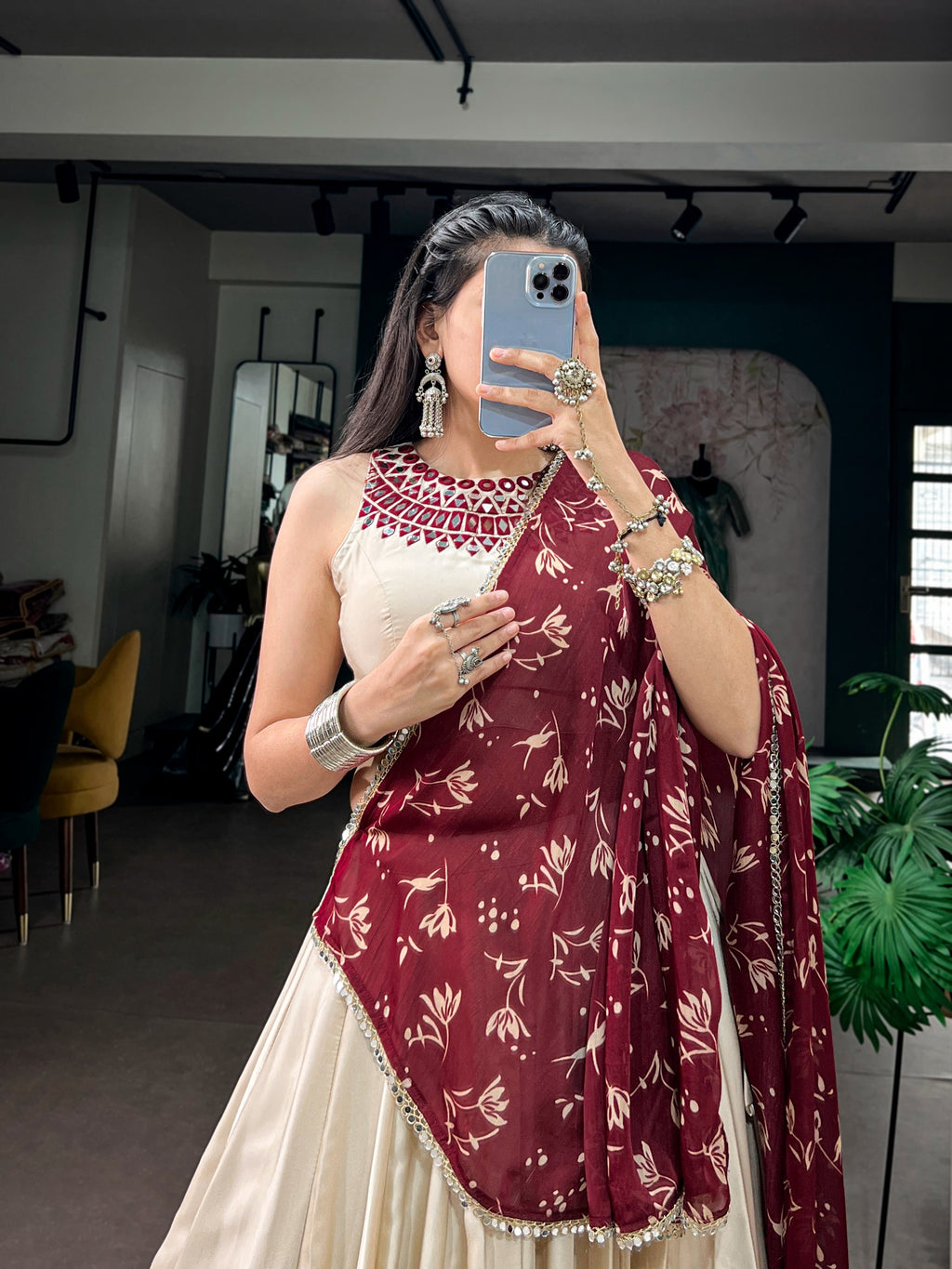 Off White Monga Silk Mirror Lehenga Set | Tulip Designer