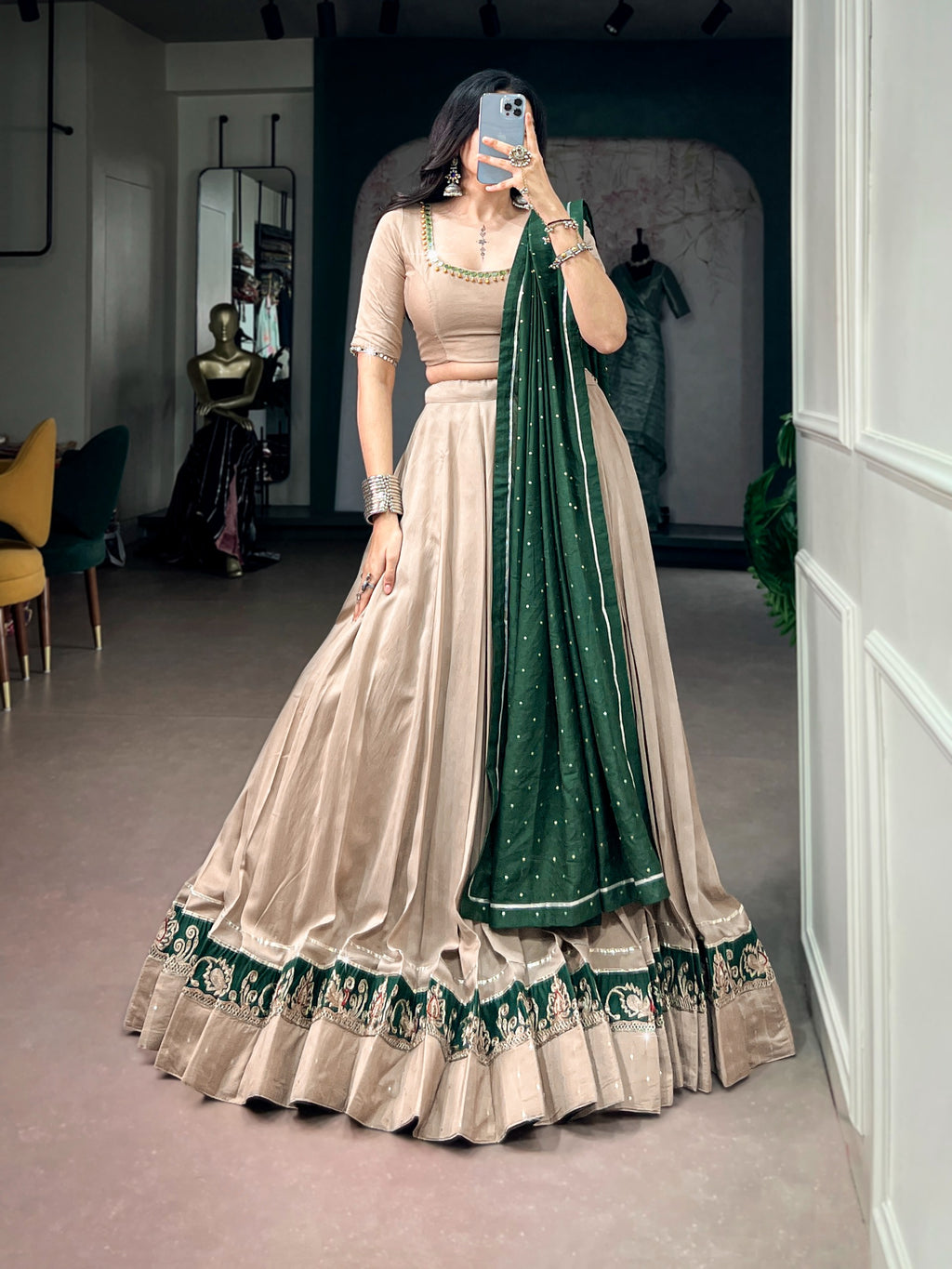 Beige Chanderi Gota Patti Lehenga Set | Tulip Designer