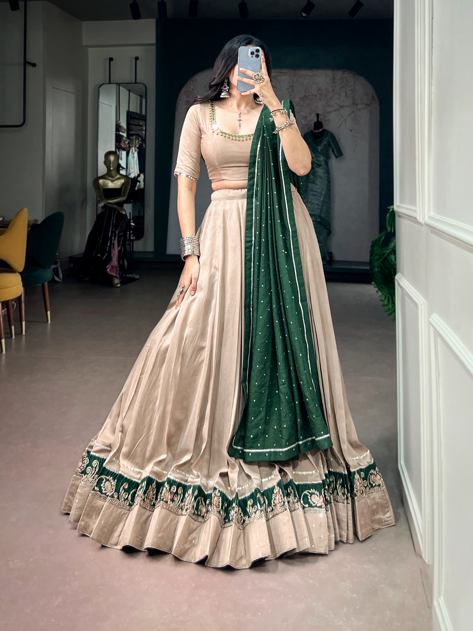 Beige Chanderi Gota Patti Lehenga Set | Tulip Designer