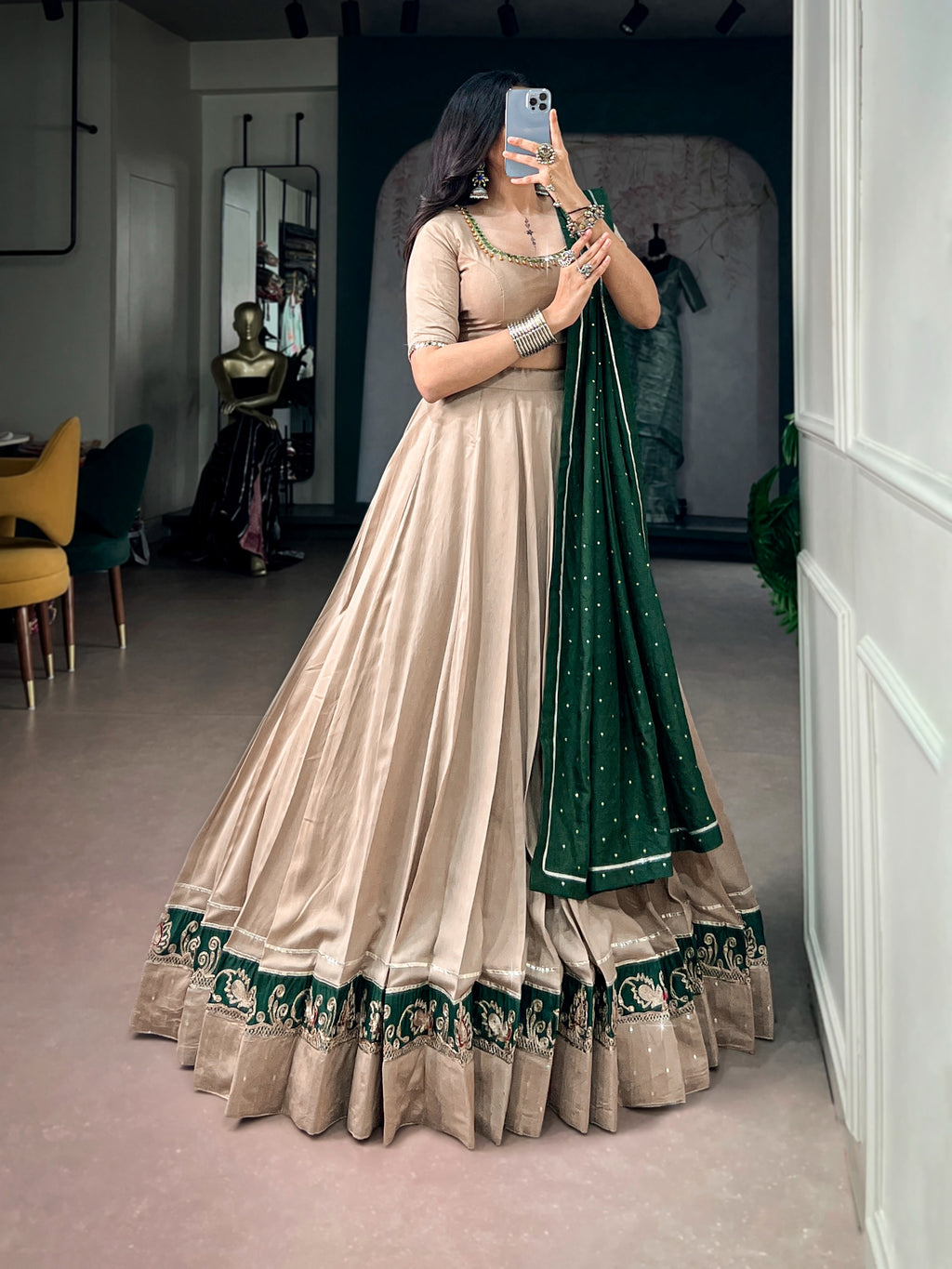 Beige Chanderi Gota Patti Lehenga Set | Tulip Designer