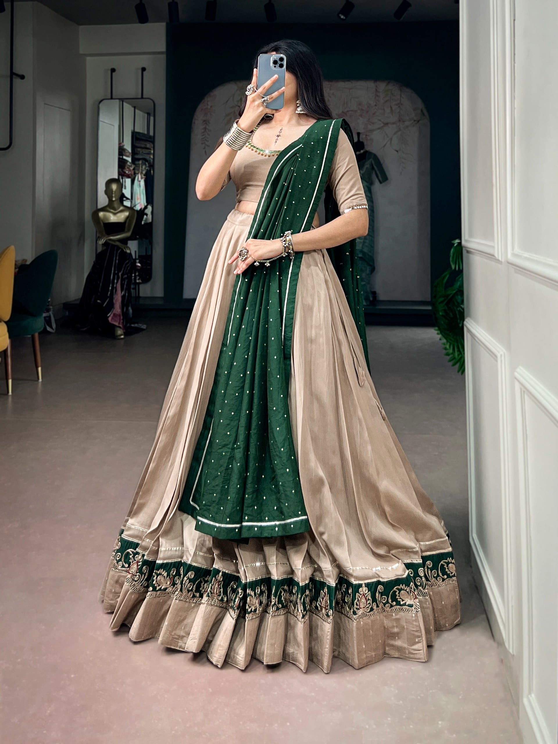 Beige Chanderi Gota Patti Lehenga Set | Tulip Designer