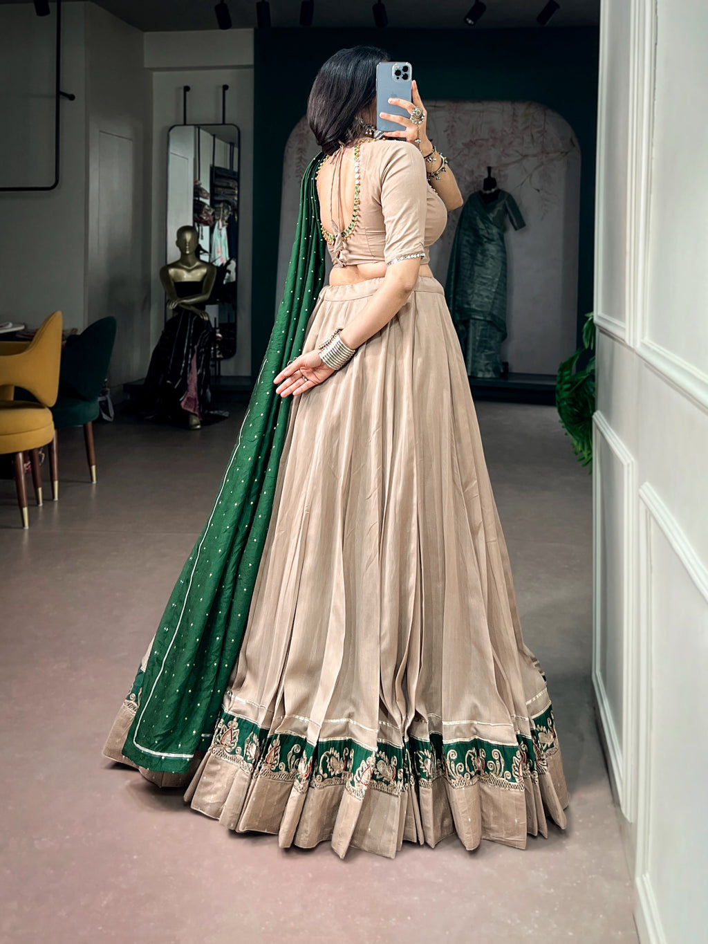 Beige Chanderi Gota Patti Lehenga Set | Tulip Designer