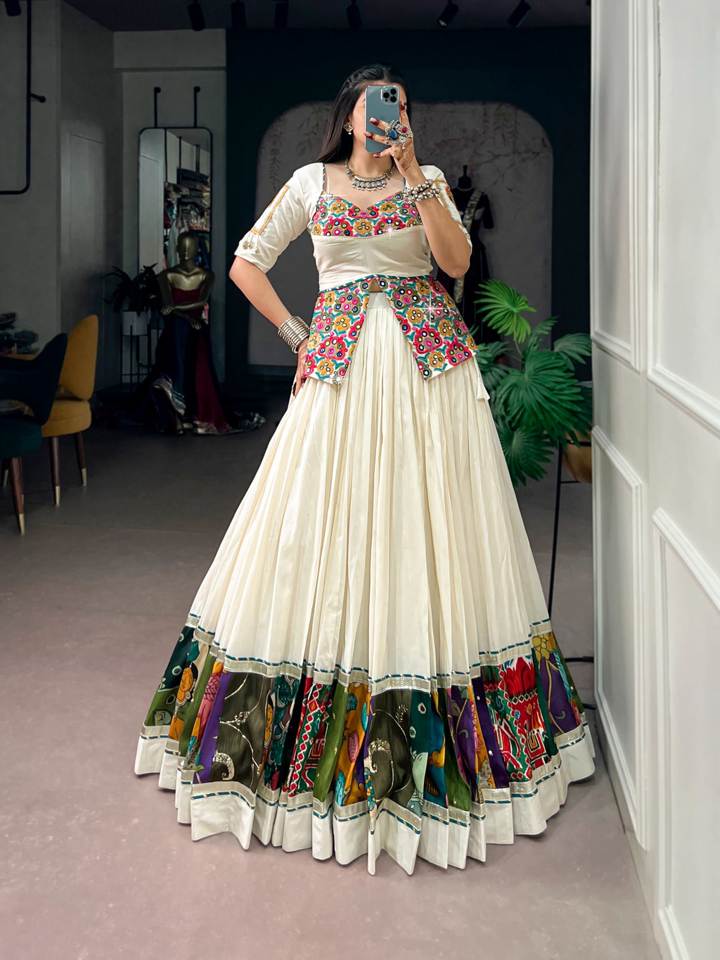 Off White Khadi Cotton Multicolor Gamthi Lehenga Set | Tulip Designer