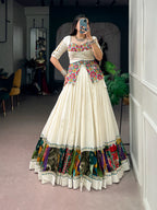 Off White Khadi Cotton Multicolor Gamthi Lehenga Set | Tulip Designer