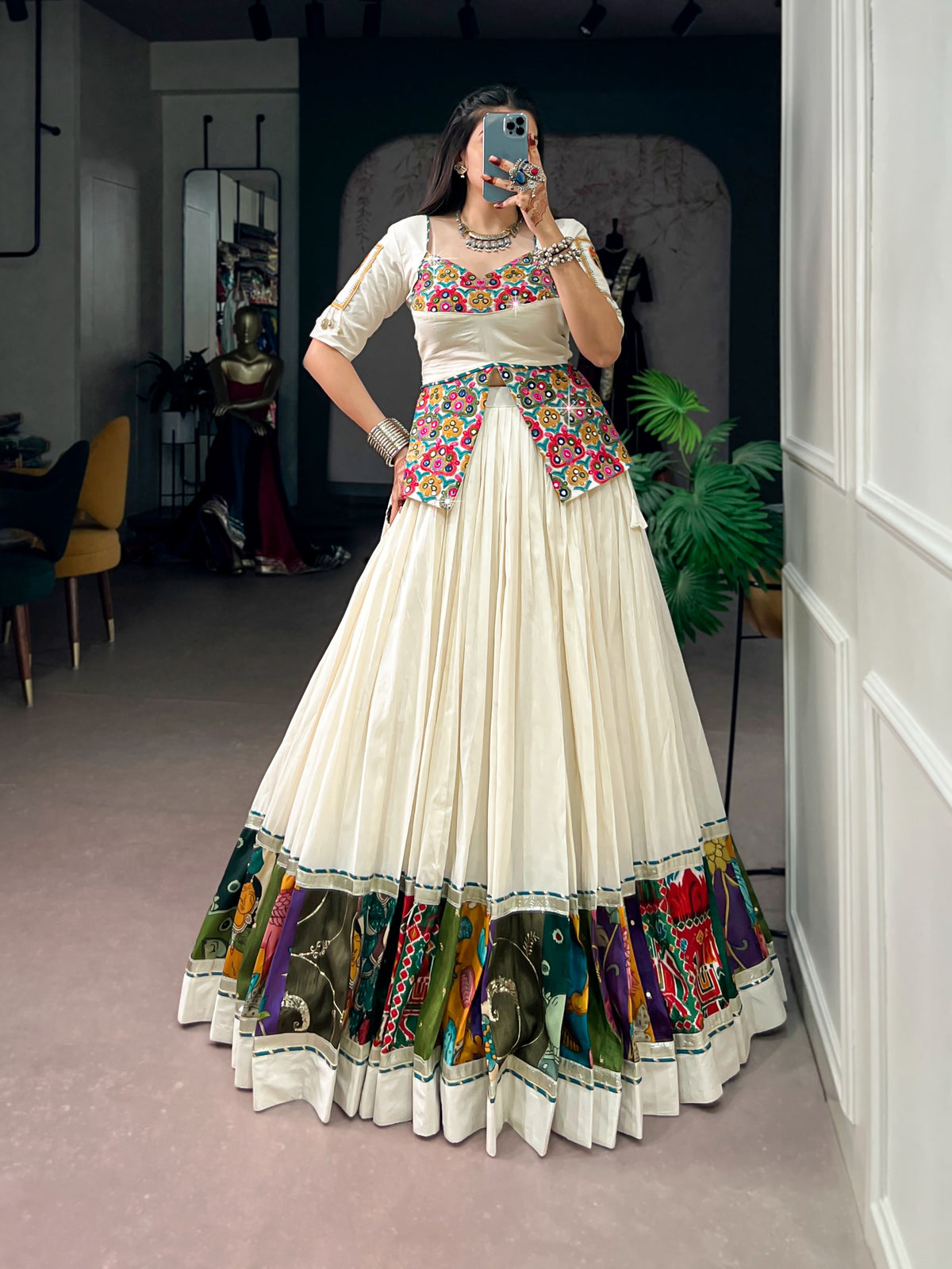Off White Khadi Cotton Multicolor Gamthi Lehenga Set | Tulip Designer