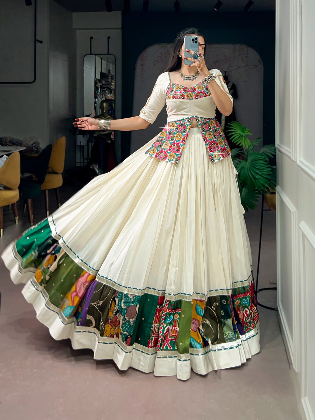 Off White Khadi Cotton Multicolor Gamthi Lehenga Set | Tulip Designer