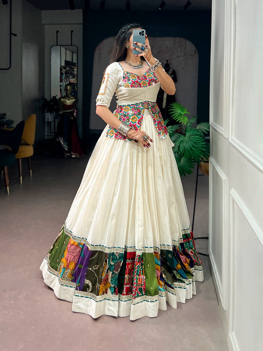 Off White Khadi Cotton Multicolor Gamthi Lehenga Set | Tulip Designer