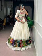 Off White Khadi Cotton Multicolor Gamthi Lehenga Set | Tulip Designer