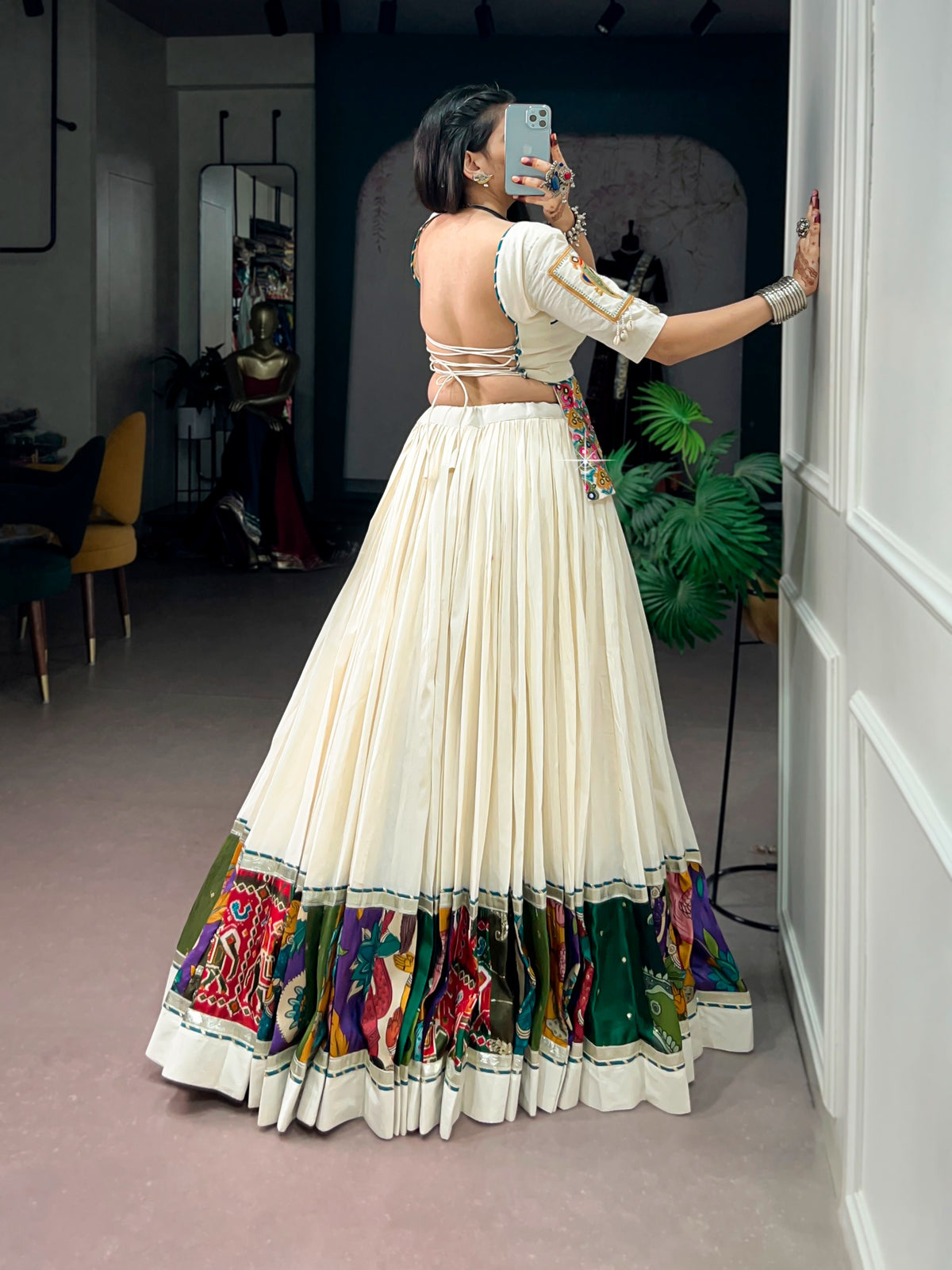 Off White Khadi Cotton Multicolor Gamthi Lehenga Set | Tulip Designer