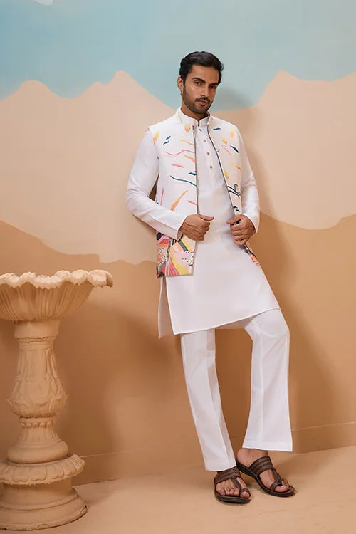 White Wedding Wear Carnival Koti Kurta Pair for Mens Wear