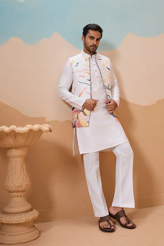 White Wedding Wear Carnival Koti Kurta Pair for Mens Wear