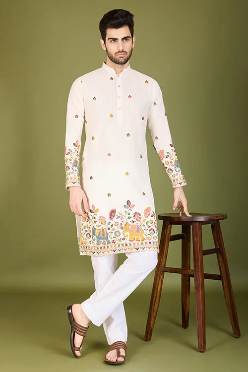 White Color Heavy Embroidered with Cotton Mens Wear Kurta