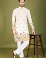 White Color Heavy Embroidered with Cotton Mens Wear Kurta