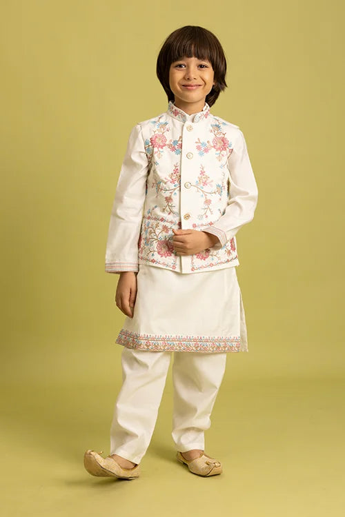 Traditional Wear White Koti Kurta Pajama for Boys Wear