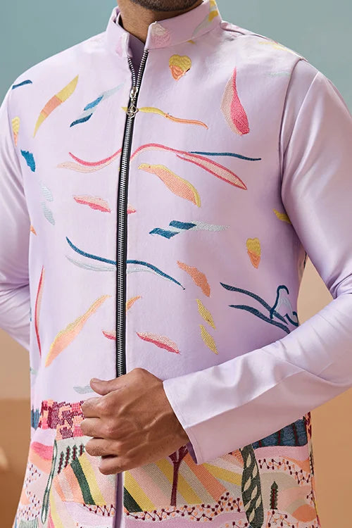 Lavender Wedding Carnival Koti Kurta Set for Mens