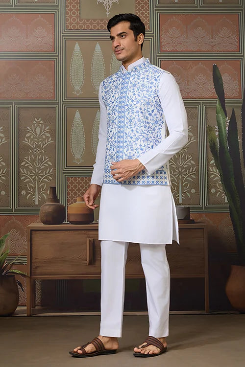 Traditional White Kurta Blue Koti Pajama for Men
