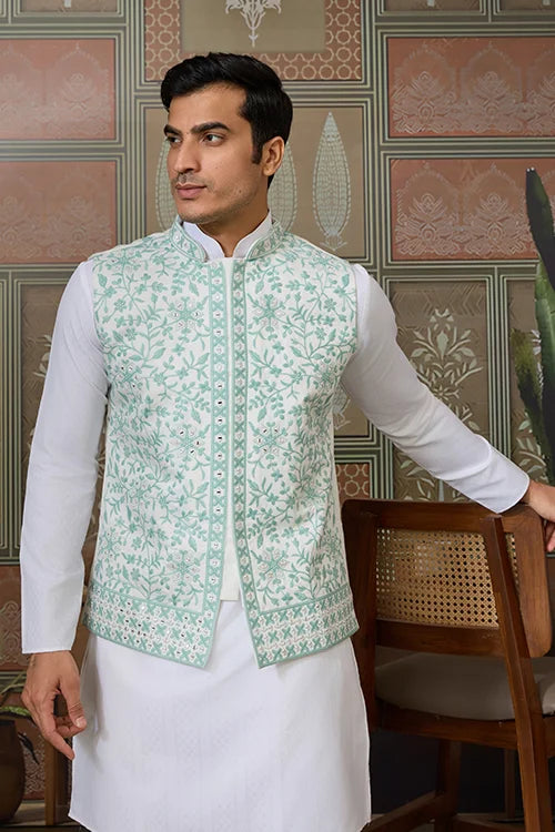 Wedding White Kurta Pajama with Green Koti Style