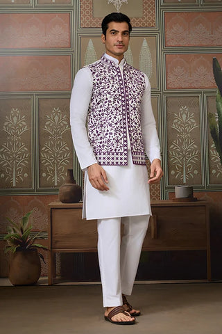 Classic White Mens Kurta Pajama with Stylish Purple Koti
