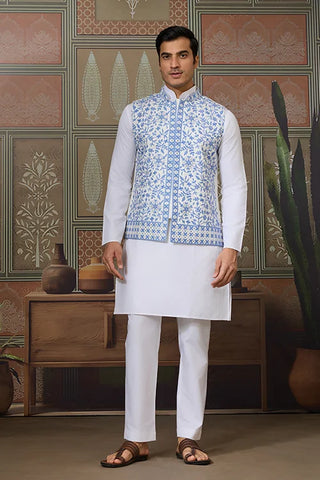 Traditional White Kurta Blue Koti Pajama for Men
