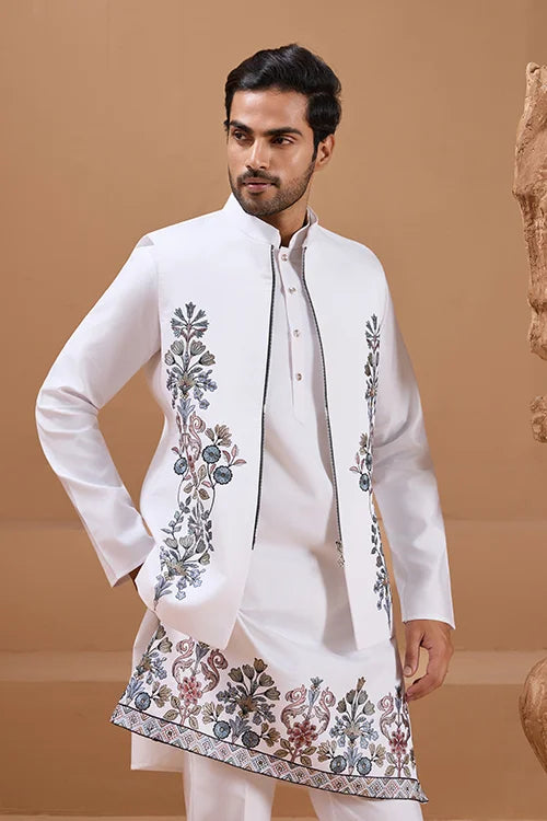 Wedding Special White Color Koti Kurta Set for Mens Wear