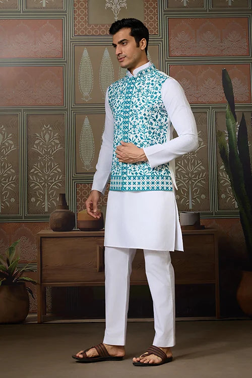 Traditional White Kurta with Teal Green Koti for Men