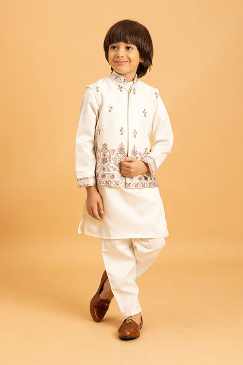 Premium White Mirror Work Koti Kurta Set for Boys