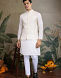 White Roman Silk Kurta with Jacquard Koti Jacket