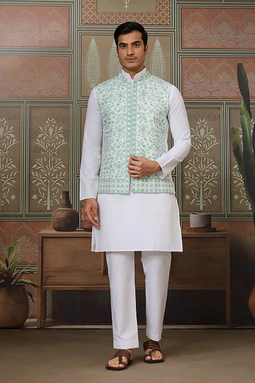 Wedding White Kurta Pajama with Green Koti Style