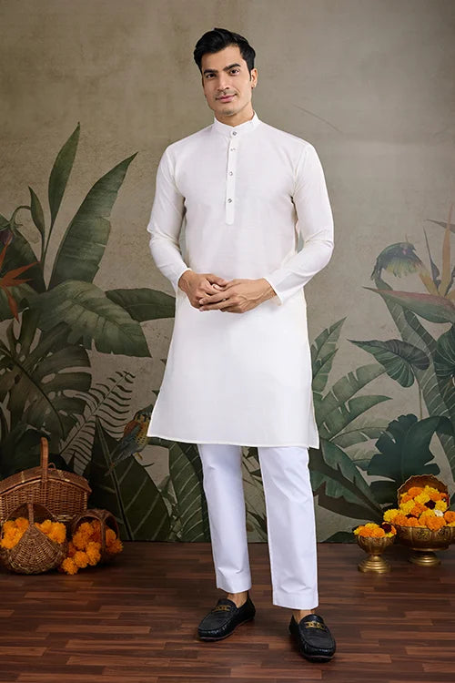White Roman Silk Kurta with Jacquard Koti Jacket