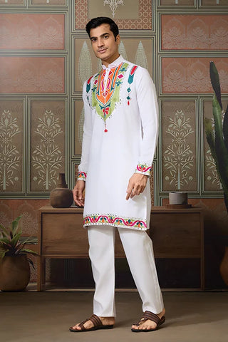 White Traditional Designer Festival Wear Kurta for Men