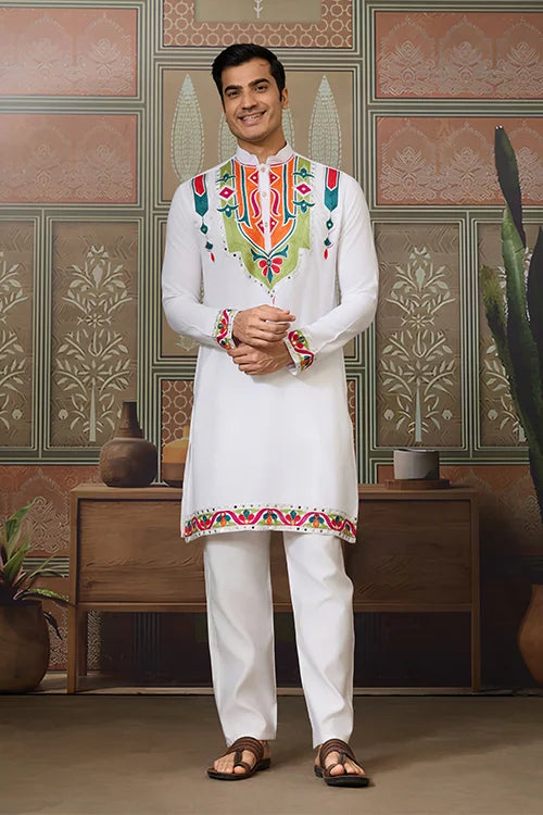 White Traditional Designer Festival Wear Kurta for Men