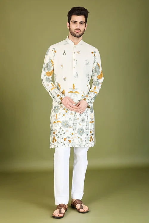 White Viscose Rayon Designer Kurta for Men