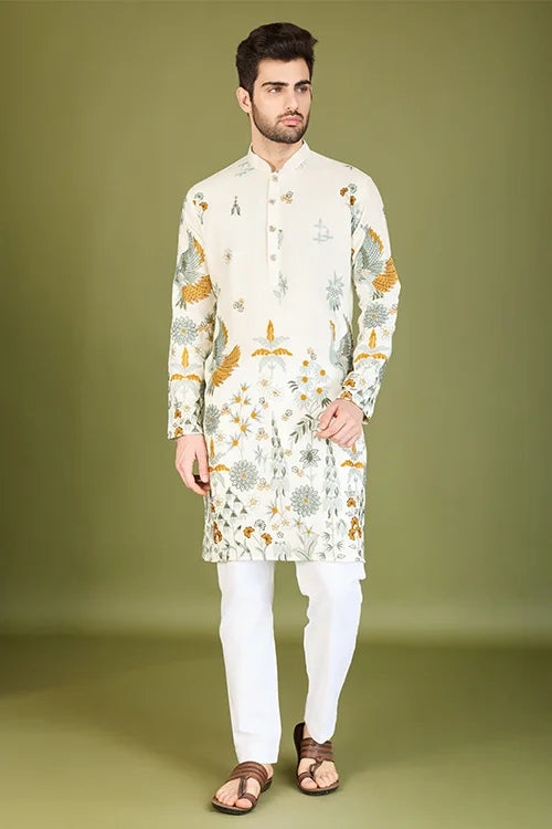 White Viscose Rayon Designer Kurta for Men