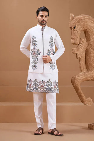 Wedding Special White Color Koti Kurta Set for Mens Wear