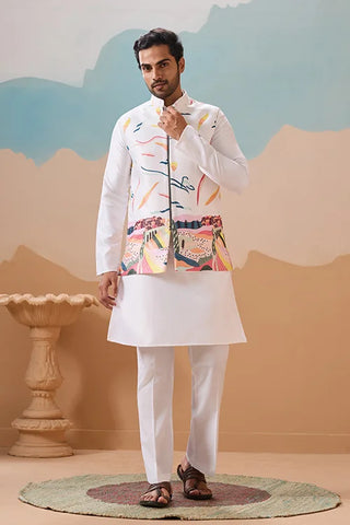 White Wedding Wear Carnival Koti Kurta Pair for Mens Wear
