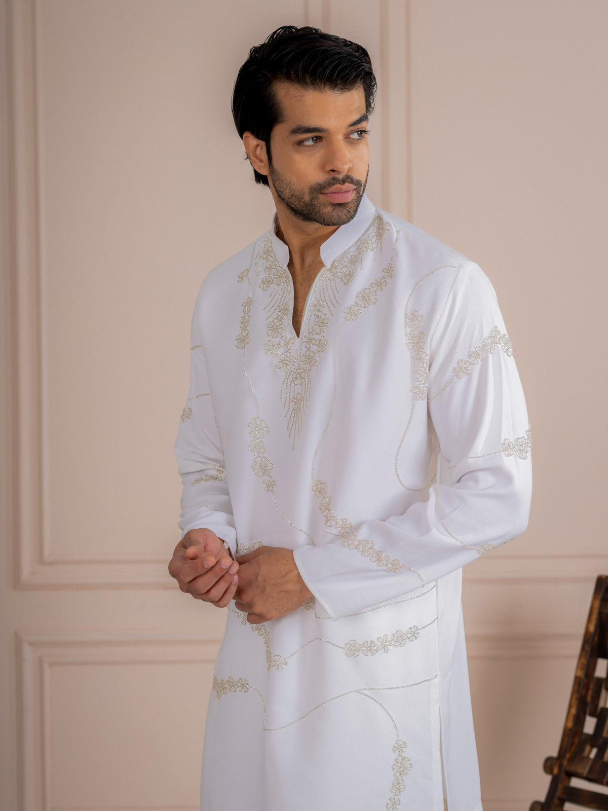 Elegant White Armani Beads  Kurta Set | Tulip Designer
