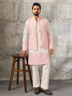 Classic White Art Silk Real Mirror Embroidery Kurta Jacket & Pant
