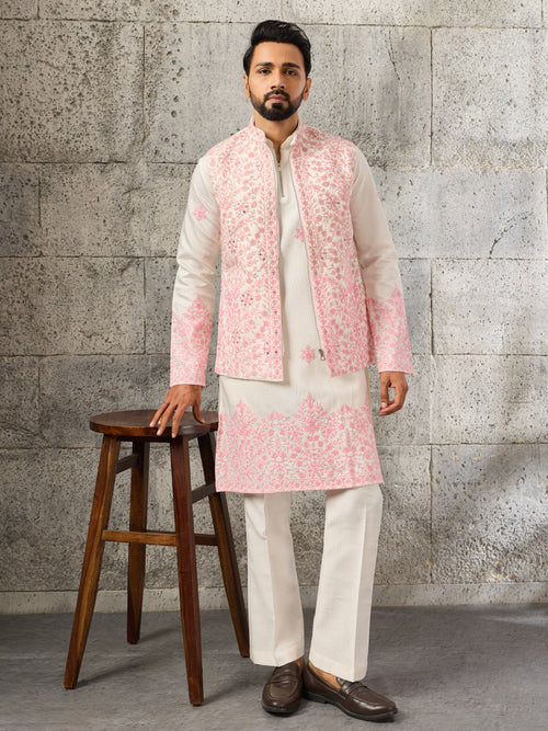 Classic White Art Silk Real Mirror Embroidery Kurta Jacket & Pant

