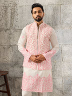 Classic White Art Silk Real Mirror Embroidery Kurta Jacket & Pant
