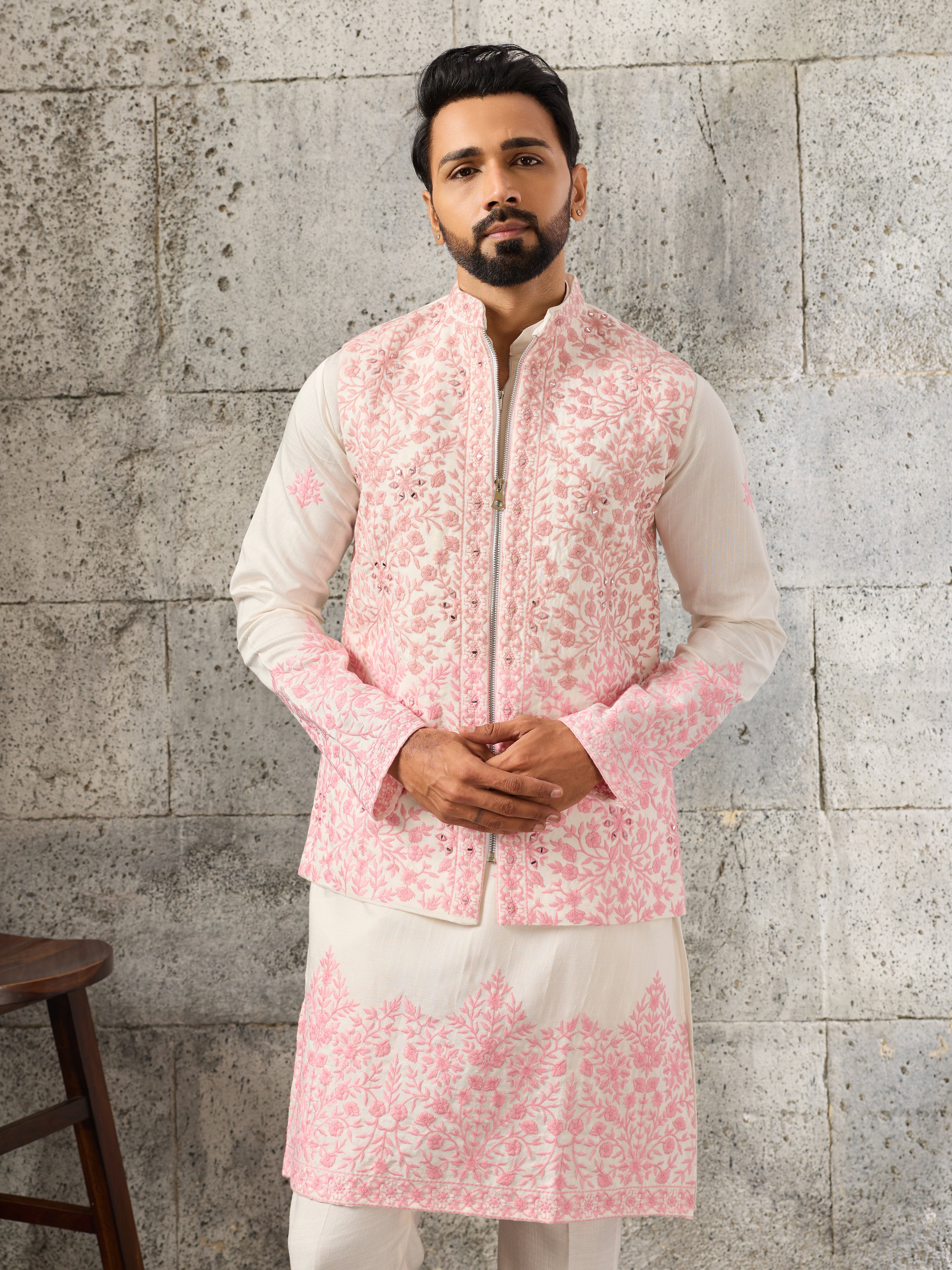 Classic White Art Silk Real Mirror Embroidery Kurta Jacket & Pant
