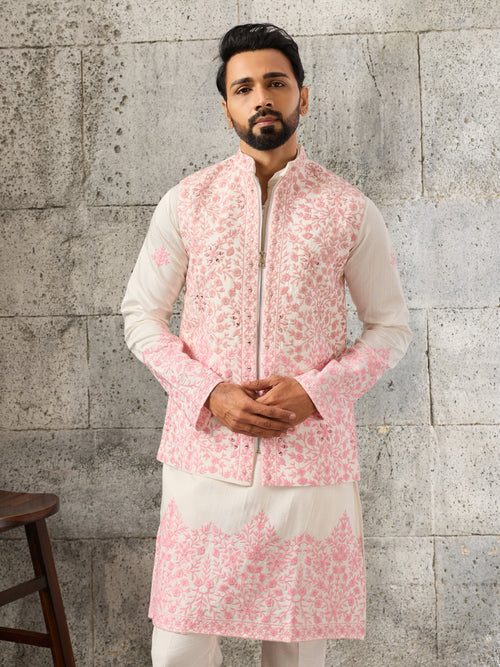 Classic White Art Silk Real Mirror Embroidery Kurta Jacket & Pant

